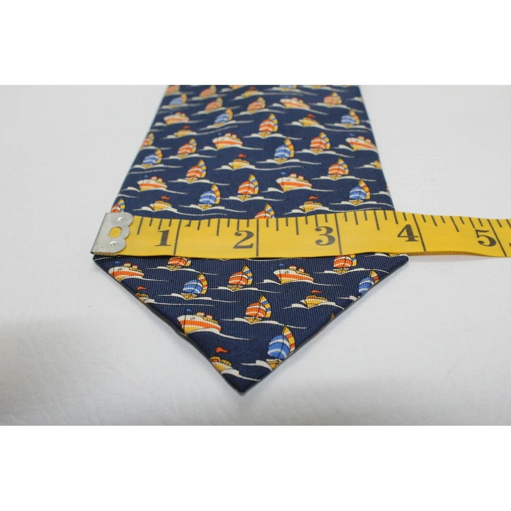 Richel Mens Silk Tie Navy Blue Nautical Sailboat Cruise Ship Hand Made Spain